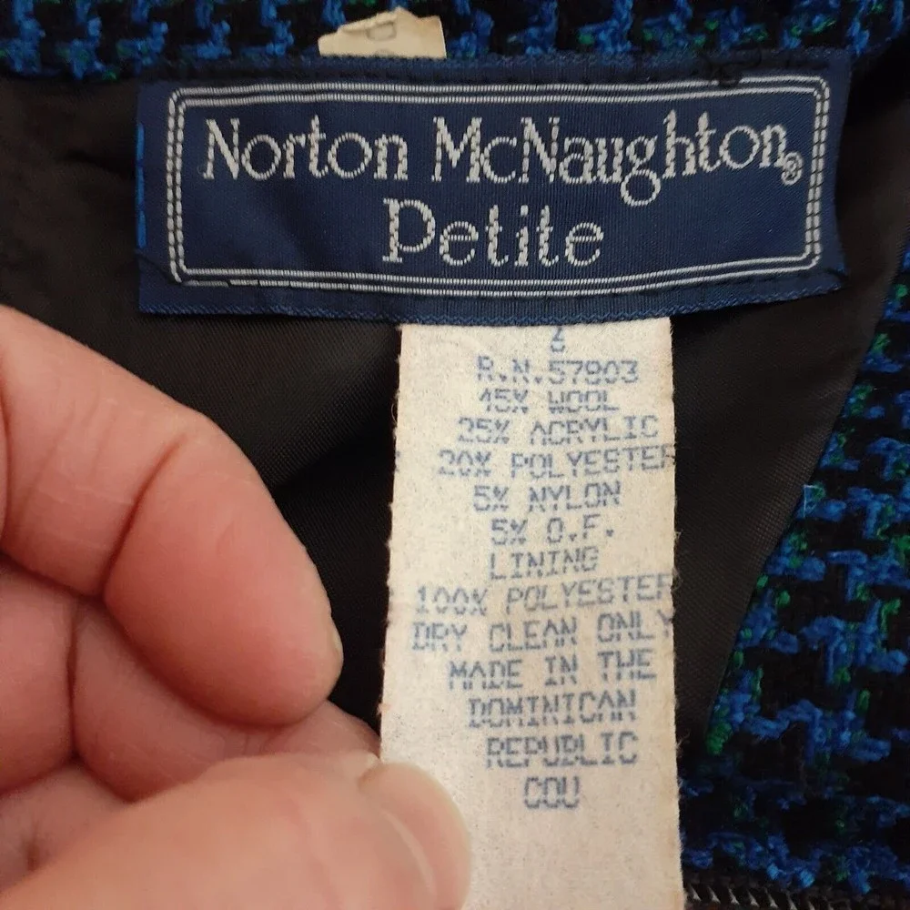 Vintage Norton McNaughton Pencil Skirt 6P Wool Blend Houndstooth Blue Black